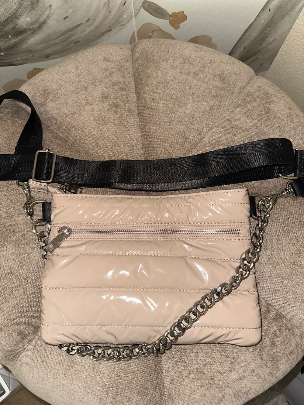 Patent Quilted Crossbody Bag in Light Beige with Chain Accent